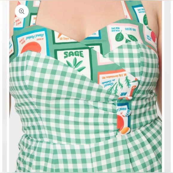 Unique Vintage Green & White Vegetable Gingham Romper, 1x, NWT! - Picture 3 of 15